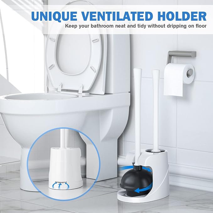 TRENTI Toilet Plunger and Brush with Holder, Bowl Brush and Heavy Duty Toilet Plunger Set for 5.7-inch Toilet Drain, 2-in-1 Bathroom Cleaning Combo with Modern Caddy Stand (White) | Toilet Plunger and Brush with Holder, Bowl Brush and Heavy Duty Toilet...