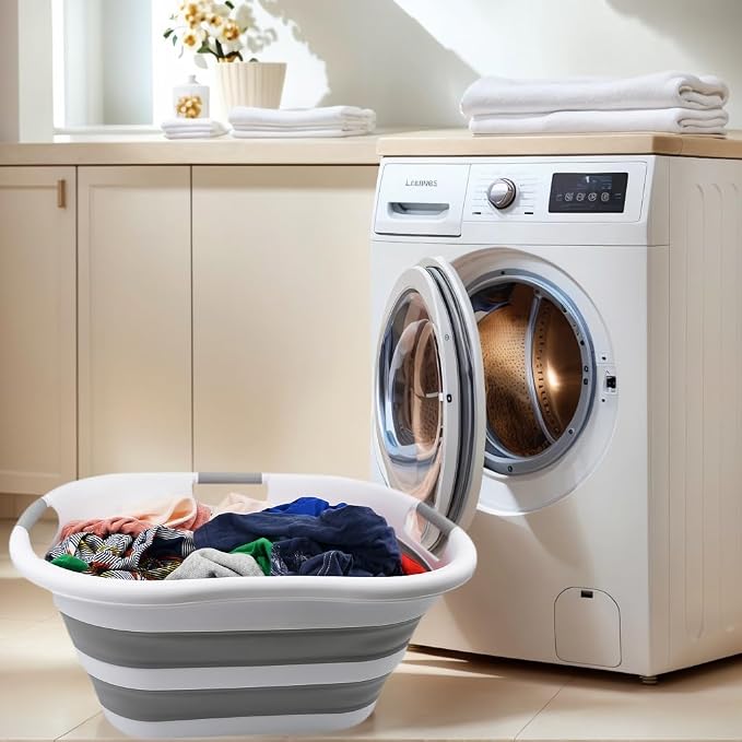 SAMMART 40L (10.5 gallon) Collapsible Plastic Laundry Basket - Foldable Pop Up Storage Container/Organizer - Portable Washing Tub - Space Saving Hamper/Basket (1, White/Grey)