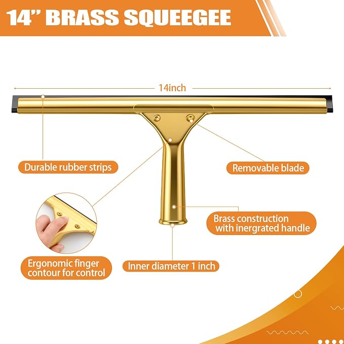 All-Purpose Brass Shower Squeegee 14 Inch T Shape Squeegee for Shower Glass for Bathroom Doors Mirrors Tiles Car Windows Streak Free Compatible with Extension Rods
