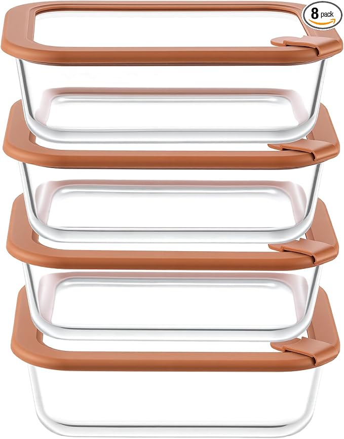 Taree Glass Food Storage Containers, 8 Pack 35oz, Brown Lids | Warm Brown Lid Design • Glass & Silicone Lids • Airtight Leakproof Seal • Steam Vent • Microwave-Safe Lid