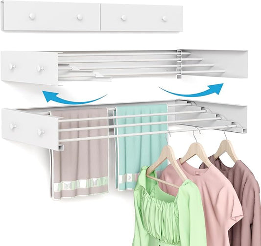 Wall Mounted Drying Rack 23.6'', Foldable Laundry Drying Rack Wall Mount with 4 Towel Hooks and 4 Rods, Space Saving Drying Rack Clothing for Indoor Outdoor Bathroom Balcony (White, 23.6'')