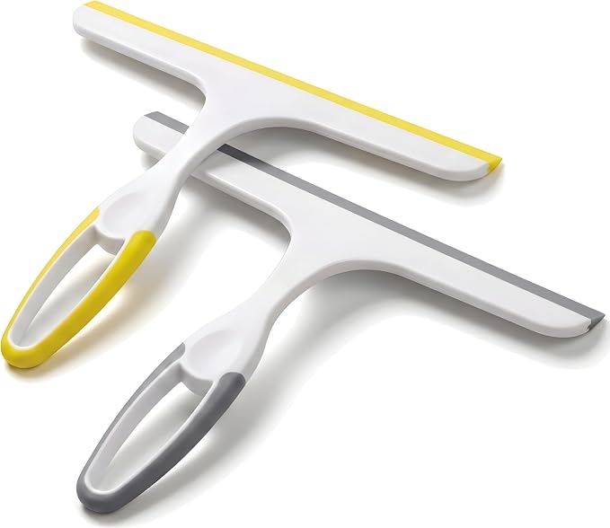2 Pack Shower Squeegee for Glass Doors – 9.5” Silicone Blade Window Cleaner Tool (Grey & Yellow) – Bathroom, Car Windshield, Mirror & Tile Cleaning Wiper with Hook – Lightweight Ergonomic Handle