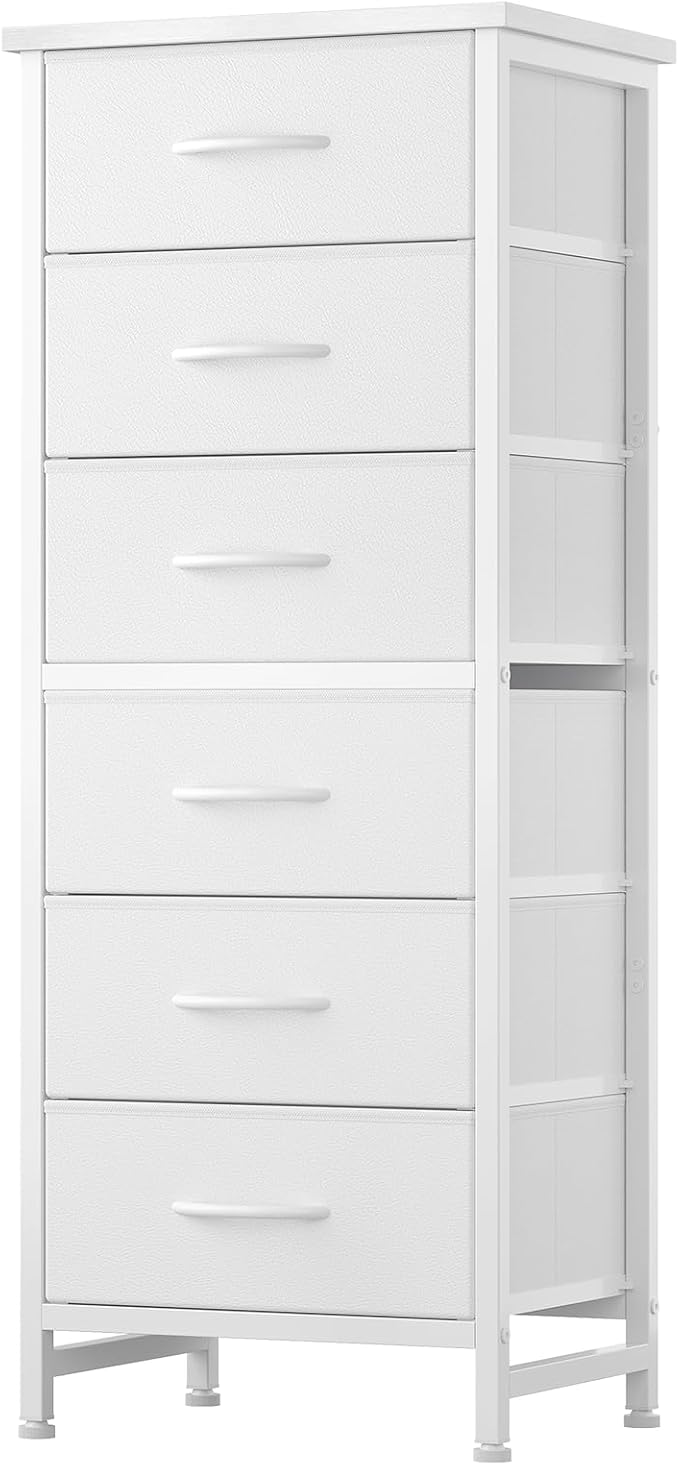 Sweetcrispy Tall Fabric Dresser for Bedroom, 6 Drawer Chest of Drawers | Narrow Storage Tower with Wood Top and Metal Frame, Vertical Nightstand for Closet, Bedroom Organization Furniture, White