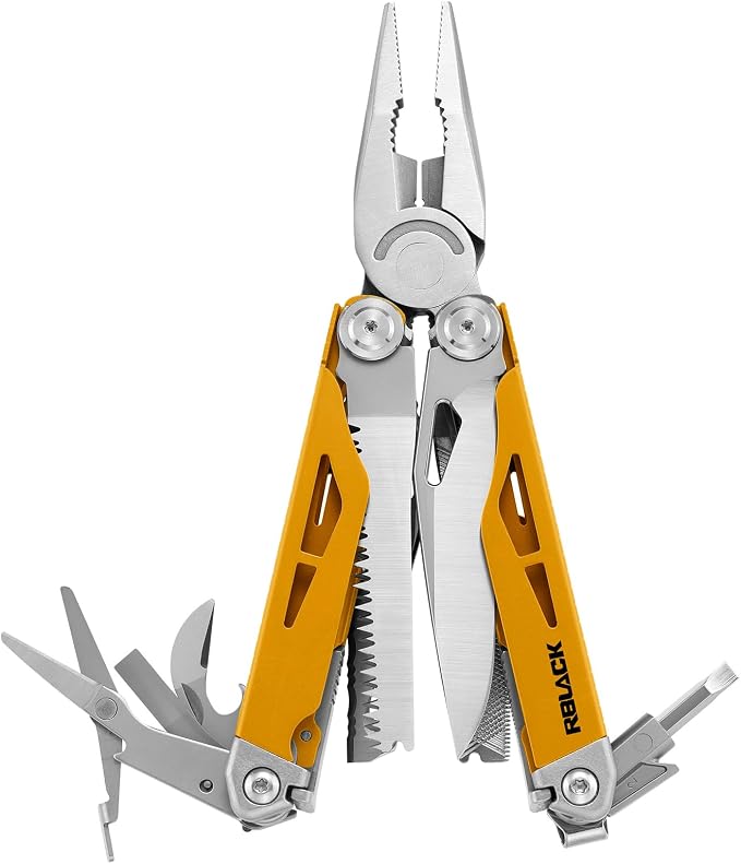 21-in-1 Multi Tool Pliers w/Safety Locking & Spring-Action Scissors | Heavy-duty Stainless Steel Multi-tool Set with Nylon Sheath for Work, Home, Garden, DIY & Auto, Maple Yellow