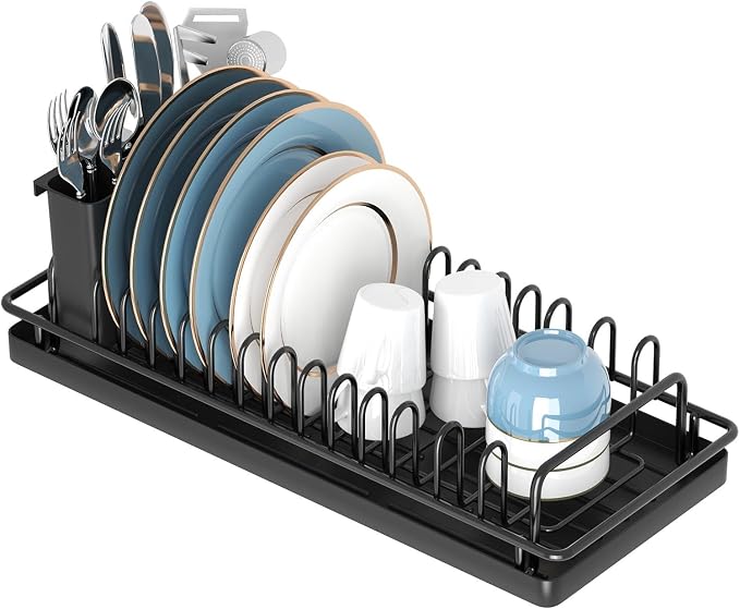 XYZLVSI Compact Small Dish Rack Sink Drying Rack with Silicone Mat, Stainless Steel Dish Drainer for Kitchen Cabinet, Kitchen Sink Rack,Dish Holder, Black