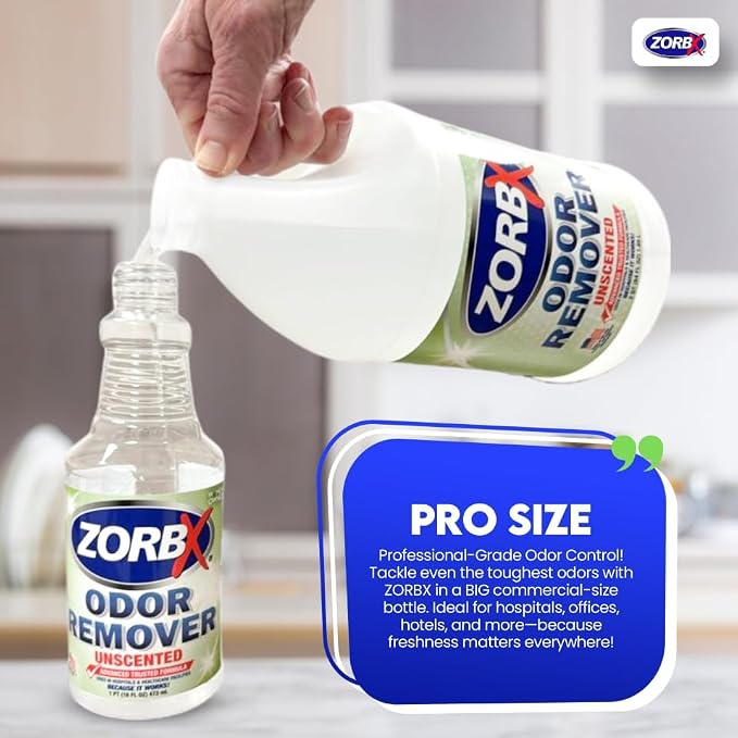 ZORBX Unscented Odor Eliminator Spray 64 Oz Refill, Hospital-Grade Formula | Permanent Odor Remover for Pet & Human Urine, Smoke & Strong Odors, Carpet, Upholstery, Mattress, Bathroom, Basement & More
