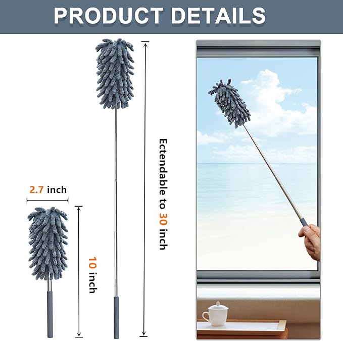 2 Pack Microfiber Duster for Cleaning, Washable Dusters, Extendable Pole, Up to 30 Inch Reachable, Wet and Dry Use Cleaning Tools for Car, Ceiling Fan, Window, Furniture, Office
