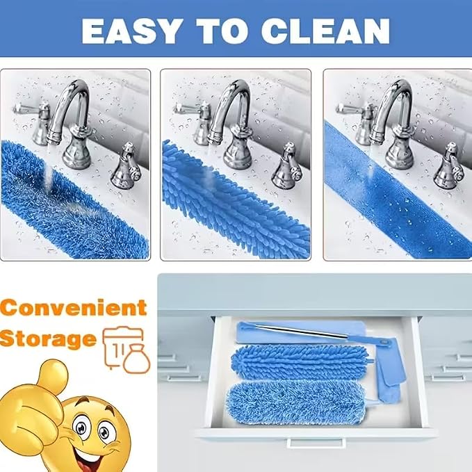 Microfiber Duster, 8PCS Feather Duster with 100 Inch Telescoping Extension Pole, Reusable Bendable Dusters, Washable Lightweight Dusters for High Ceiling, Fan, Blinds, Window, Corners, Blue