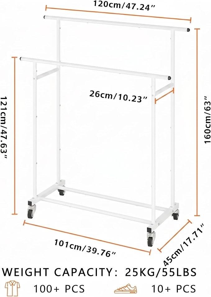 Calmootey Rolling Garment Rack with 2 Rods, Clothes Organizer for Bedroom | High-Low Rods, Two Lockable Wheels, Sturdy Metal Frame, Space-Saving, Fits Laundry, Living Room, White