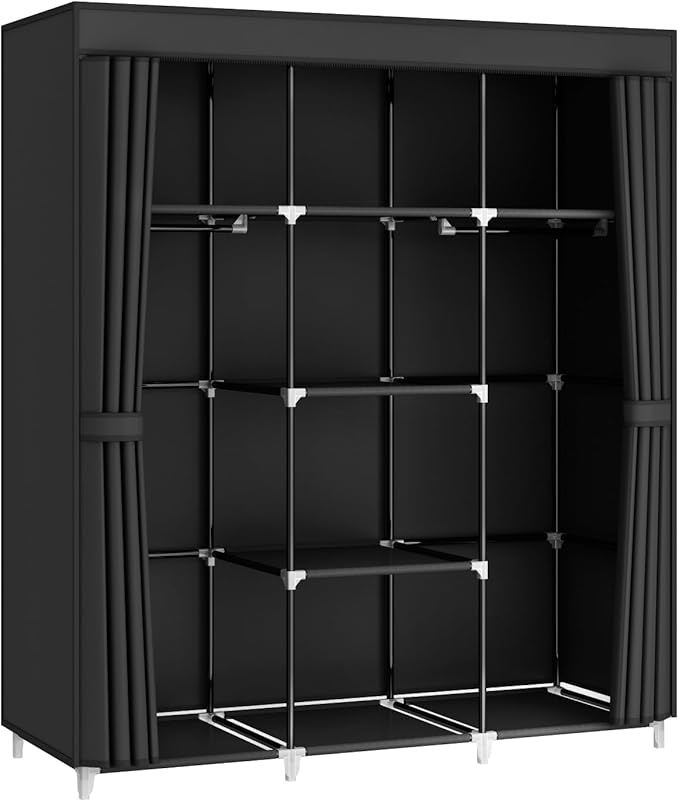 51" Portable Wardrobe Closet, Clothes Organizer, 8 Shelves 2 Rods, Black