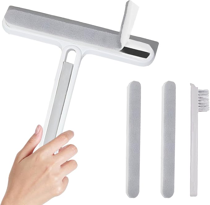 4-in-1 Shower Squeegee for Glass Doors, Silicone Window Squeegee with Foam Brush & Crevice Scraper, Small Bathroom Glass Cleaner Tool for Shower, Mirror, Tile, Window and Kitchen