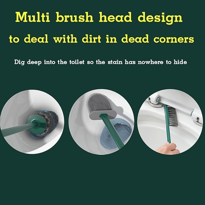 Toilet Brush and Plunger Set, 3-in-1 Design, Silicone Bristles, Wall Bracket, Dark Green, Plastic Handle, Silicone and Polypropylene Material, Toilet Brush, Holder and Wall Bracket Included