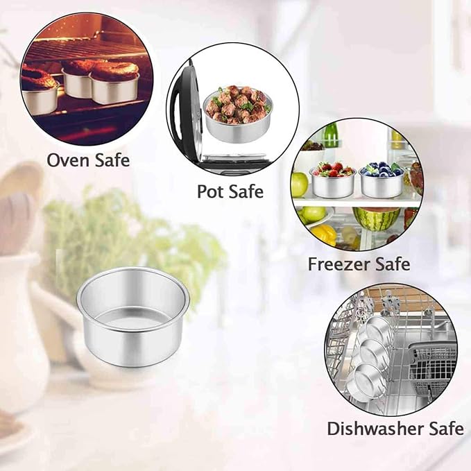 TeamFar 4 Inch Cake Pan, 4 Pcs Mini Cake Pan Round Tier Baking Tins Set Stainless Steel, For Baking Steaming Serving, Healthy & Sturdy, Mirror Finish & Dishwasher Safe (Pack of 2)