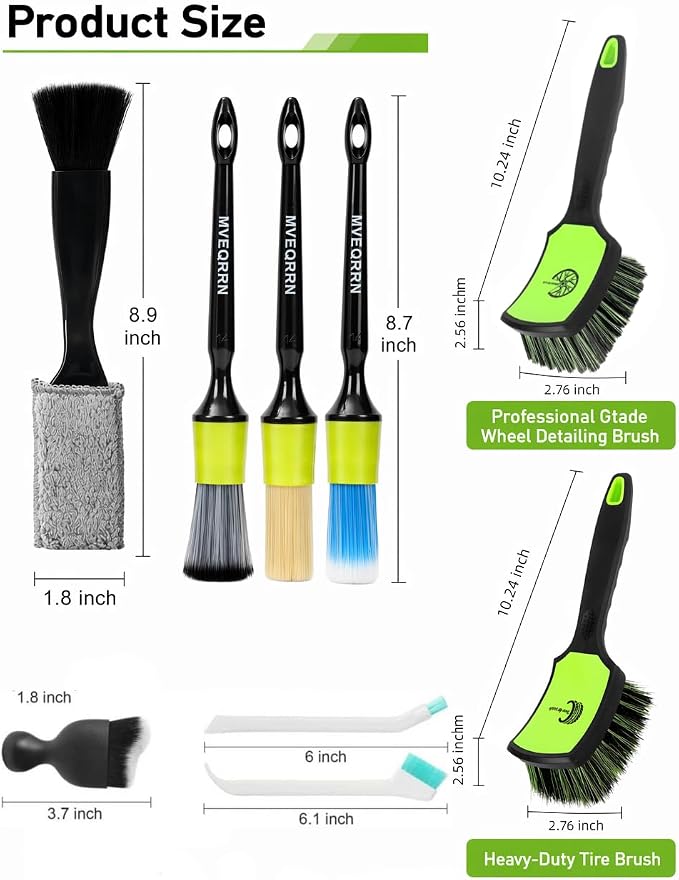 MVEQRRN 9PCS Car Detailing Brush Set, Boar Hair Detailing Brushes,Car Detailing Wheel Kit (Green) | Ultra Soft No Scratch, Car Dust Brush,Car Detailing Brushes Kit, Detail Brushes Car Detailing for Interior Exterior