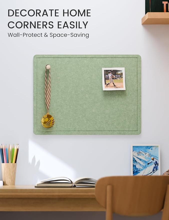 Fluxynara 23.6" x 17.1" Bulletin Board, Moss Green | Cork Board Alternative with 12 Removable Adhesive Tabs, Foldable Felt Pin Board for Home, Office, Classroom & Dorm