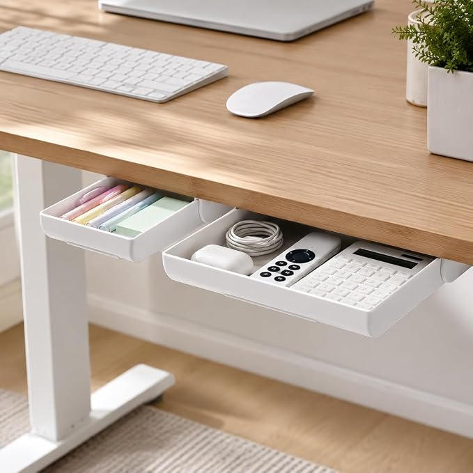 YOOUSOO 2 Pack Under Desk Storage Drawer Organizer Self Adhesive | Hidden Slide Out Drawer Attachment, with Self - Adhesive Feature for Desktop and Table Organization, Hidden Under Desk