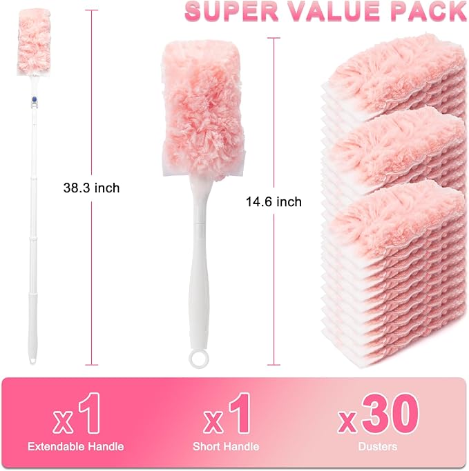 KeFanta Duster Refills Kit with 3ft Extended Handle,Short Handle,30 Refills | Heavy Duty Duster Refill Kit for Swiffer Duster, 4X Microfiber Multi Surface, 3 ft Extended Handle,1 Short Handle,30 Refills