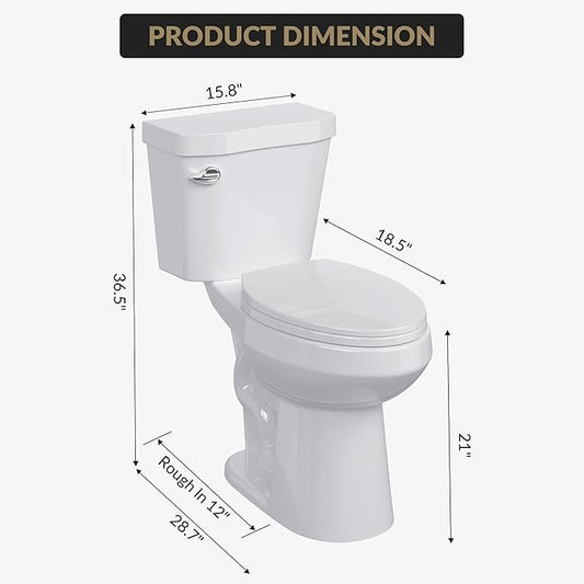 Two Piece Toilet 19 inch Chair Height Elongated Bowl, Side Handle, High Seat Toilet for Seniors, Comfortable Bathroom Toilet with Soft-Close Seat White