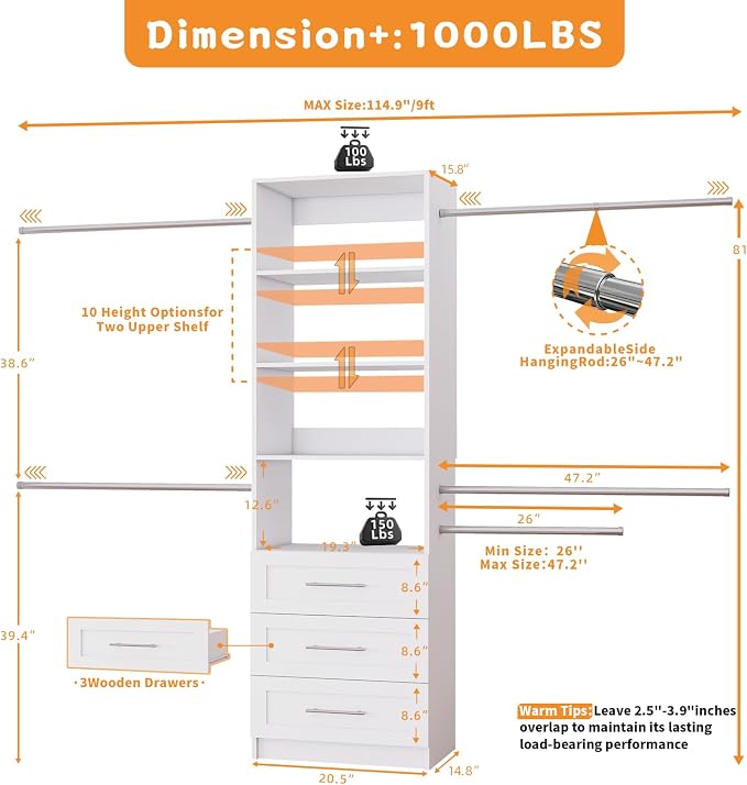 Closet System with 3 Drawers, 4FT-9FT Custom Closet Organizer System Modular Walk in Closet Storage Wooden System with 4 Expandable Hanging Rods Adjustable Shelves White