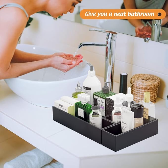 Black Bamboo Drawer Organizer - Silverware&Utensil Holder Organizer for Kitchen Drawers, Multi-Use Drawer Dividers Boxes for Bathroom Counter，Cabinet, Garage, Office Desk, Makeup, Jewelry (9"3"2.5") | Silverware Cutlery Utensil Tray, Multi-Use Drawer D...