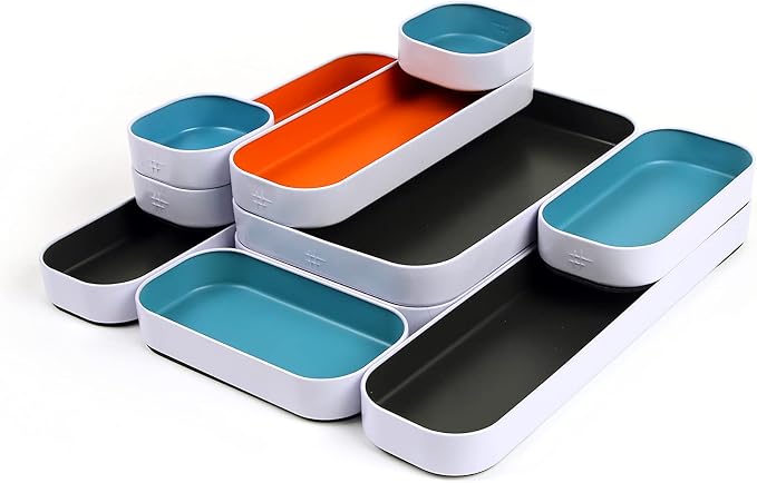 Three by Three Seattle Metal Drawer Organizer Tray Set, 10-Pc (Gray Mix) | Colorful food-safe metal bins; soft non-scratch base; organize utensils, makeup & supplies across every room