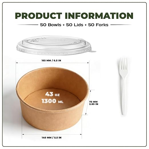 TOPtoper Paper Bowls 43Oz 50Pcs with Lids and Forks | Heavy Duty, Kraft Paper, Soak-Proof, For Hot/Cold Food, Disposable Meal Prep Containers