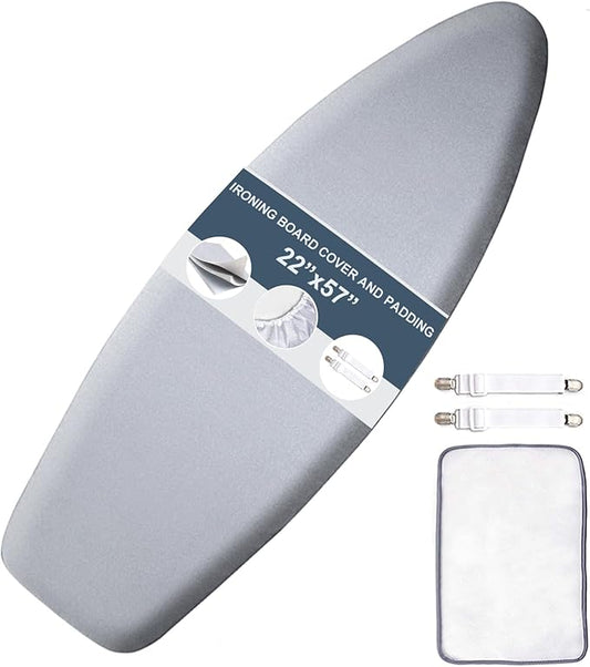 SheeChung Ironing Board Cover and Pad 22“x57”,Thick Iron Board Cover with Padding,Heat Reflective and Scorch Resistant,Wide Ironing Board Cover with Adjustable Fasteners and Velcro,Silver Grey