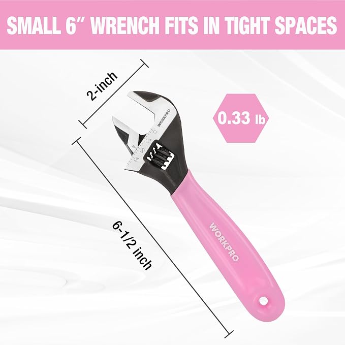 WORKPRO 6-Inch Pink Adjustable Wrench, Wide Jaw Cr-V steel Wrench | Black Oxide Finish, Metric & SAE Scales,Ideal for Home Repairs, Garage, Workshop and DIY Applications-Pink Ribbon