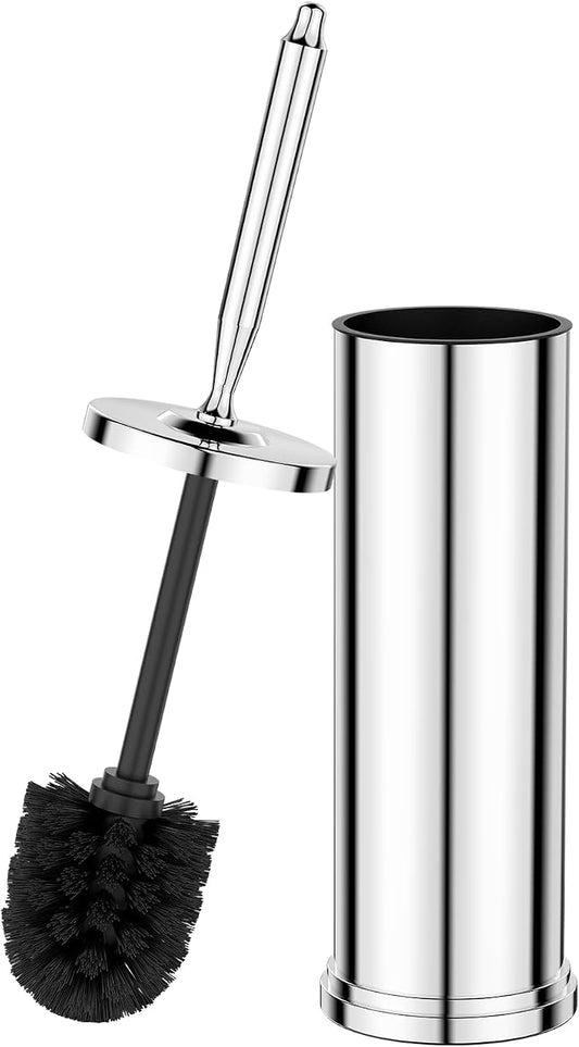 Stainless Steel Toilet Brush and Holder Set : Weighted Stable Base, Removable Inner Tube.Long Handle Toilet Bowl Brush Splash-Proof Design for Deep Cleaning & Space-Saving Storage,Chrome