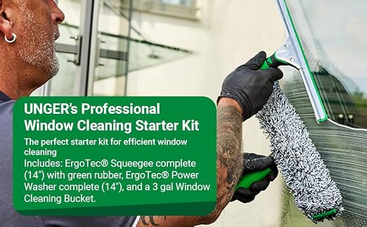 Unger Commercial Window Cleaning Kit – 3-in-1 Starter Set with 14" Squeegee, Microfiber Washer with T-Bar Handle & 3-Gallon Bucket – Complete Glass Cleaning System, WNK13
