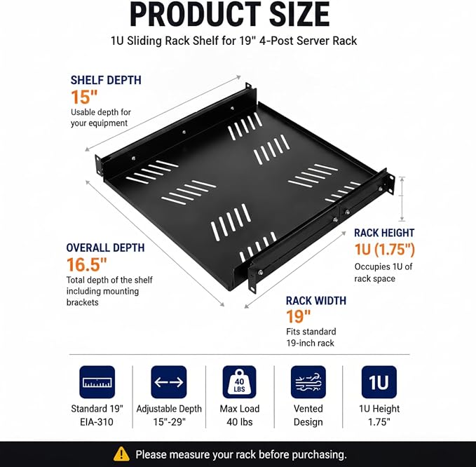 1 Pcs 1U Sliding Rack Shelf, Standard 19 Inch 4-Post Server Rack Adjustable Mounting 15-29 Inch Depth Vented Cantilever Shelf,Support up to 40 LBS Network Cabinet, AV Racks IT Equipment