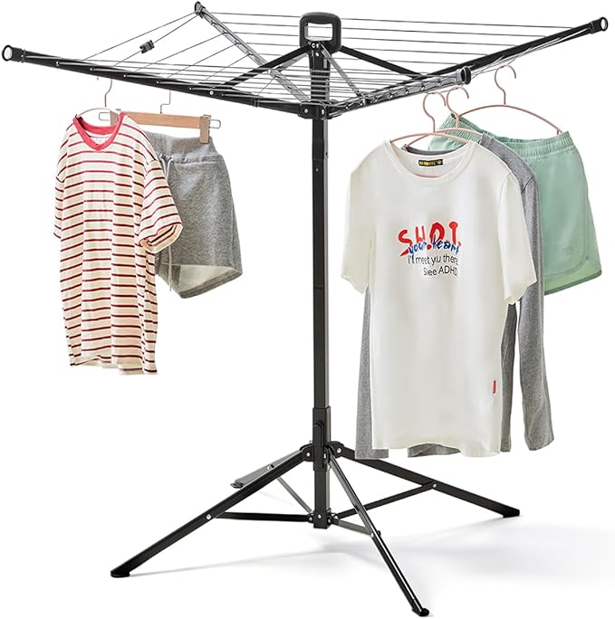 JS HANGER Rotary Clothes Drying Rack, 65 ft Outdoor Umbrella Drying Rack with Easy Push-Pull Handle, Foldable Laundry Drying Rack for Balcony, Patio & Backyard, Space-Saving Air Dryer