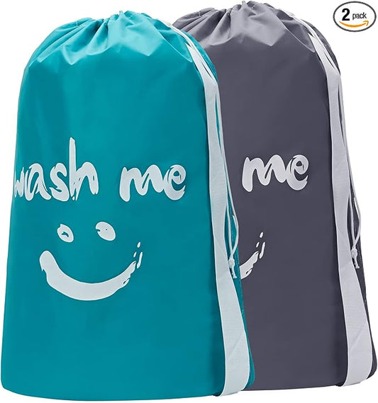 HOMEST 2pack XL Laundry Bag with Strap, Clothes Organizer for Dorm & Travel | Heavy-duty nylon material supports bulky garments and daily transport between baskets and storage areas, Grey & Sky Blue