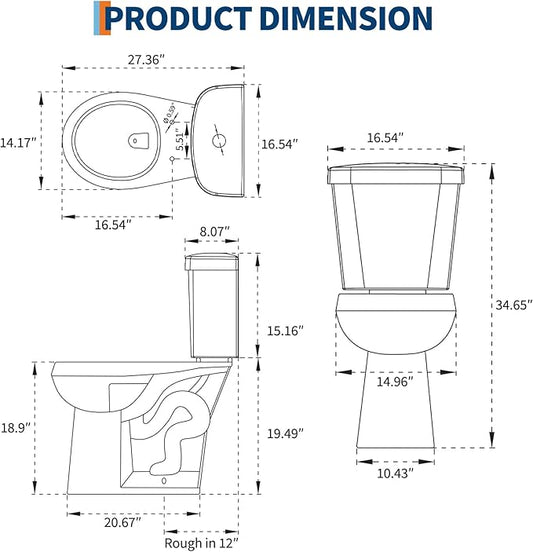 Two Piece Toilet with 19" ADA Height, Round Ceramic Bowl and Locking PP Lid -Dual Flush, CUPC Certified, Water Efficient