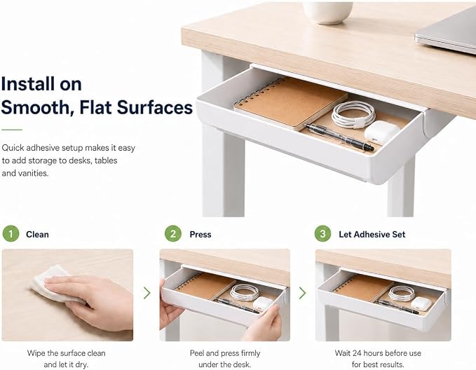 Under Desk Drawer, 2 Pack Self Adhesive Slide Out Desk Storage Drawers | Hidden Desk Drawer Organizer Attachment for Pens, Notes, Earbuds, Cables and Small Office Accessories, White