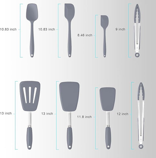 Silicone Spatulas Set Turners Tongs Cooking Utensils Set High Heat Resistant Kitchen Scraper Spatulas for Cooking Mixing Baking BPA Free Dishwasher Safe, Grey