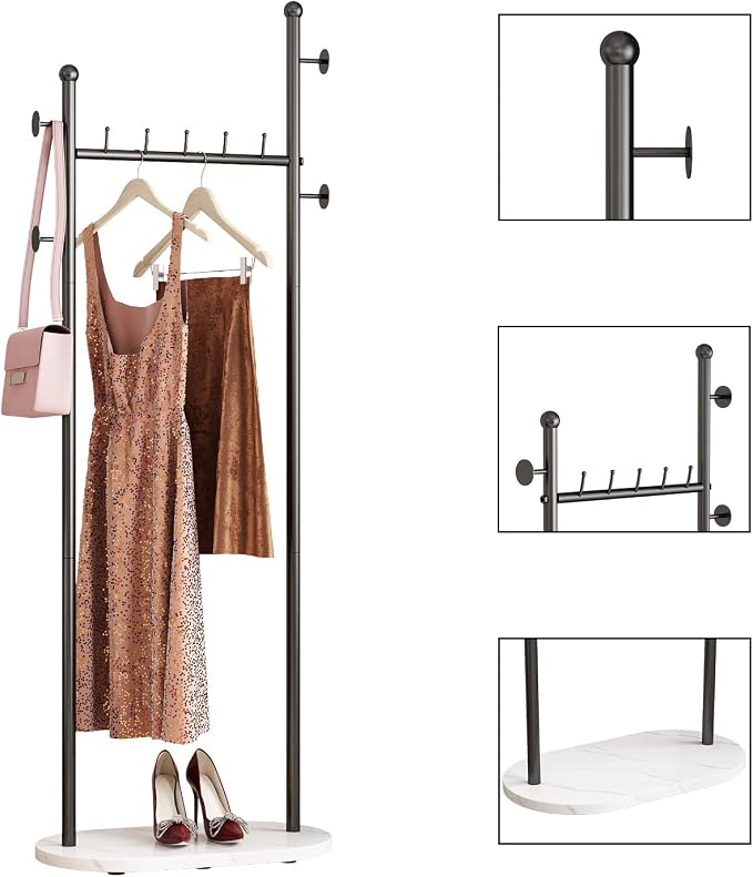 DR.IRON Black Clothing Racks with Marble Base Modern Coat Racks Freestanding Black Clothes Rack with Shelves for Bedroom Heavy Duty Garment Racks in Hallway, Entryway