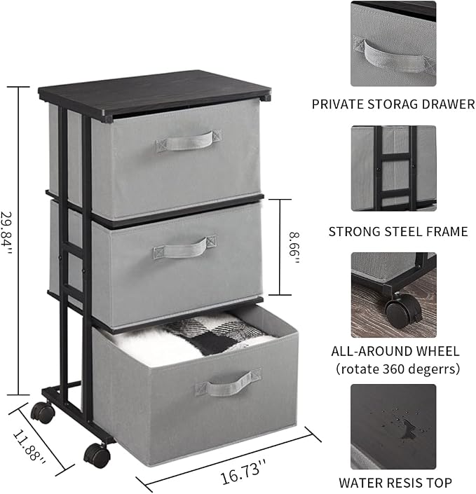 MAX Houser Dresser Tower with 3 Drawers, Grey | Fabric Storage Organizer Unit, Chest of Drawers with with WoodTop, Small Vertical Storage for Guest Room, Closet, Entryway