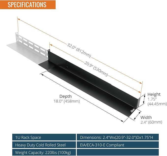 Tecmojo Universal 1U Rack Mount Rail ,4-Post Fully Server Rack Shelf Rail with 20.9"-32" Adjustable Depth, Fit for Non-Rack Mountable Server/Networking/AV/IT Equipment