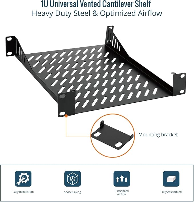 Tecmojo 1U Rack Mount Shelf for 10" Server Rack, 10.23" Deep Vented Cantilever Tray, Metal Shelf for Network Cabinet, Server Enclosure, Enhanced Airflow, Black
