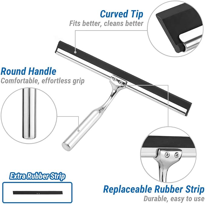 ecooe Silicone Shower Squeegee with Hanger, 9″/25cm Shower Squeegee for Glass Doors, Black Window Squeegee Scraper with Stainless Steel Core for Home Bathroom Kitchen Car Glass Doors