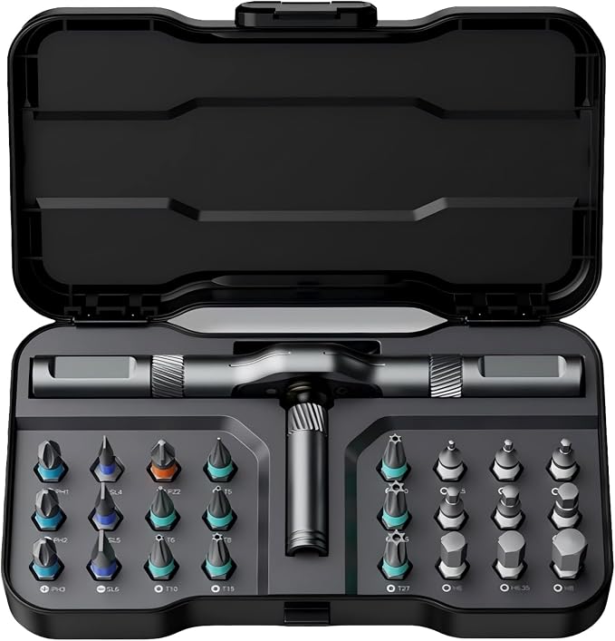 24 in 1 magnetic ratchet screwdriver set, Mini Bit Driver Kit with Reversible T-Handle, 40-Tooth Magnetic Multi-Bit Tool for Tight Spaces, Furniture Assembly, Bike Repair & EDC, with Case