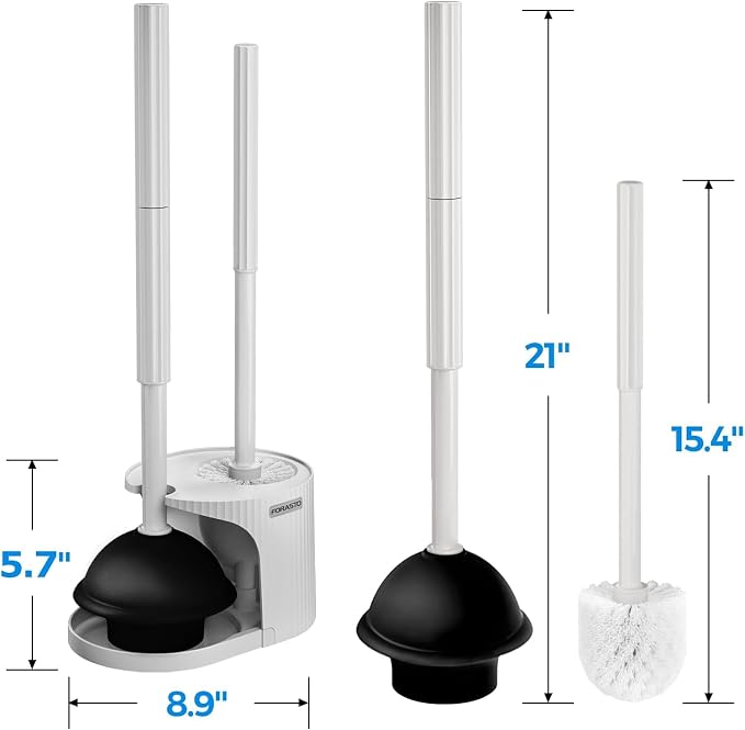 FORASTO 2Pack 2 in 1 Toilet Brush and Plunger Set,Clean Gloves, Extended Handle Plunger，Toilet Bowl Brush Plunger Set,Bathroom Cleaning Tools,Toilet Brush Plunger Combo,Cleaning Brush(Light Grey)