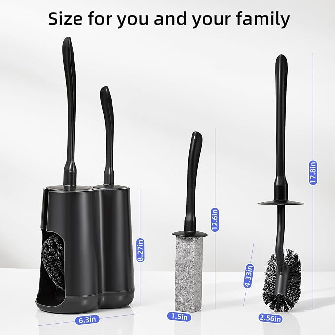Toilet Brush & Pumice Stone Brush Combo, 2-in-1 Toilet Bowl Brush with Curved Deep Cleaning Brush and Extended Handle, Dual-Slot Holder Set, Compact Size Toilet Cleaner Brush Organizer (Dark Black)