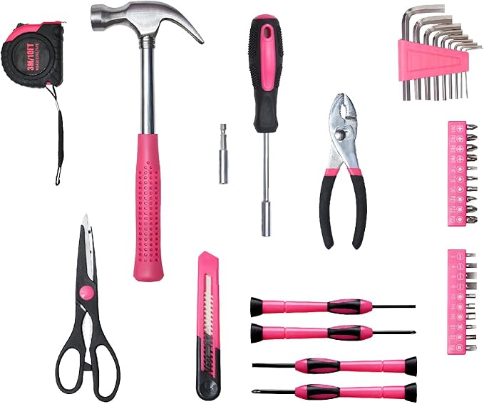 39 Piece Basic Tool kit for Women, All Purpose Pink Tool ser Household Hand Tools with Toolbox for Home Repairs, College Dorm Essentials, DIY Crafts & Gifts