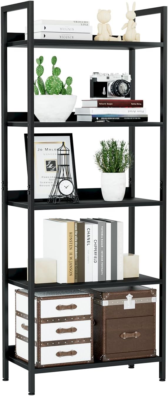NUMENN Bookshelf, 5 Tier Freestanding Shelving Unit, Black | Metal Frame & Wood Shelves, Falling Prevention Baffle, Open Storage Bookcase for Bedroom, Living Room & Home Office
