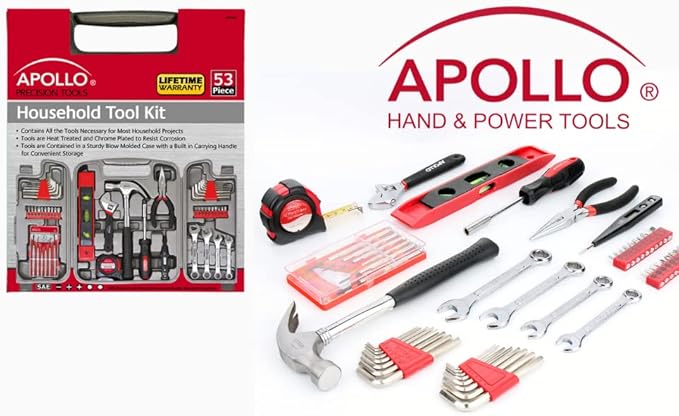 Apollo Tools 53 Piece Home Repair Tool Set with Toolbox Storage Case, Basic Tool Set for General Household Repairs and DIY, Includes Most Useful Hand Tools - Red