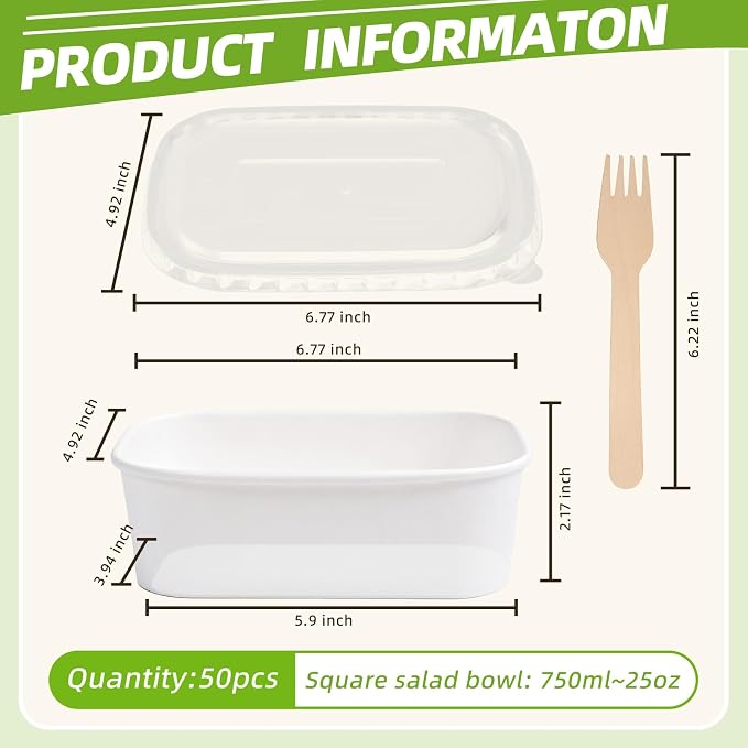 50 Pack 25 oz Paper Food Containers with Lids, Meal Prep Containers Disposable Large Paper Bowls, Microwavable and Freezer Storage Use Cardboard Food Containers (White)