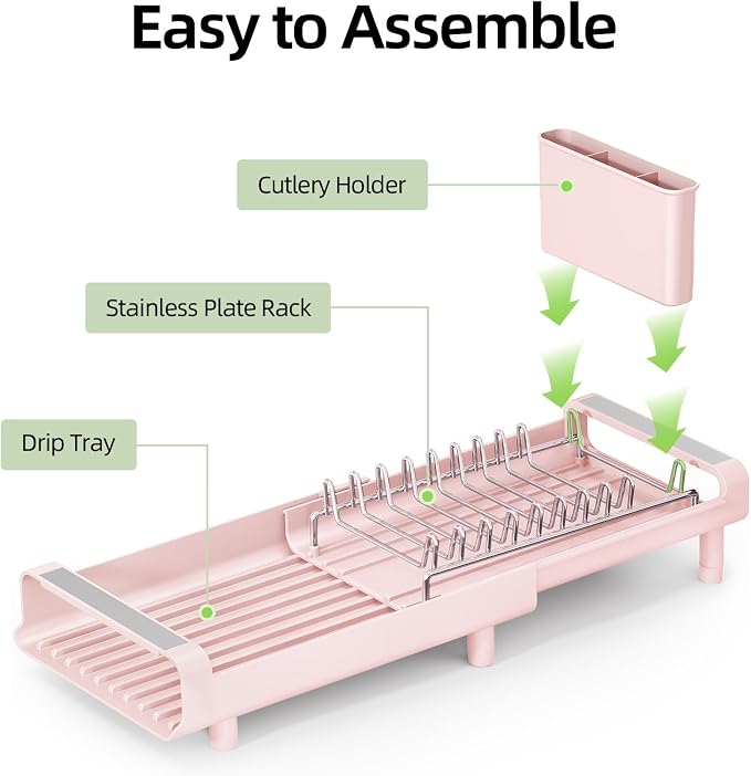 TOOLF Small Dish Drying Rack, Mini Expandable Compact Dish Rack, Slim Extendable Stainless Steel Dish Drainer for Kitchen Plate Storage, Space Saving Dish Strainer in Sink or on Home Countertop, Pink