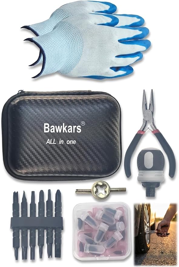 Tire Repair Rubber Nail Kit with Ratcheting Screwdriver, Needle-Nose Pliers & Organizer Case, Fast Self-Service Tool for Car, Truck, Motorcycle, Tractor Tire Puncture Repair